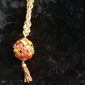 Gold-Tone Filigree Orb Pendant Necklace with Multi-Color Stones and Tassel